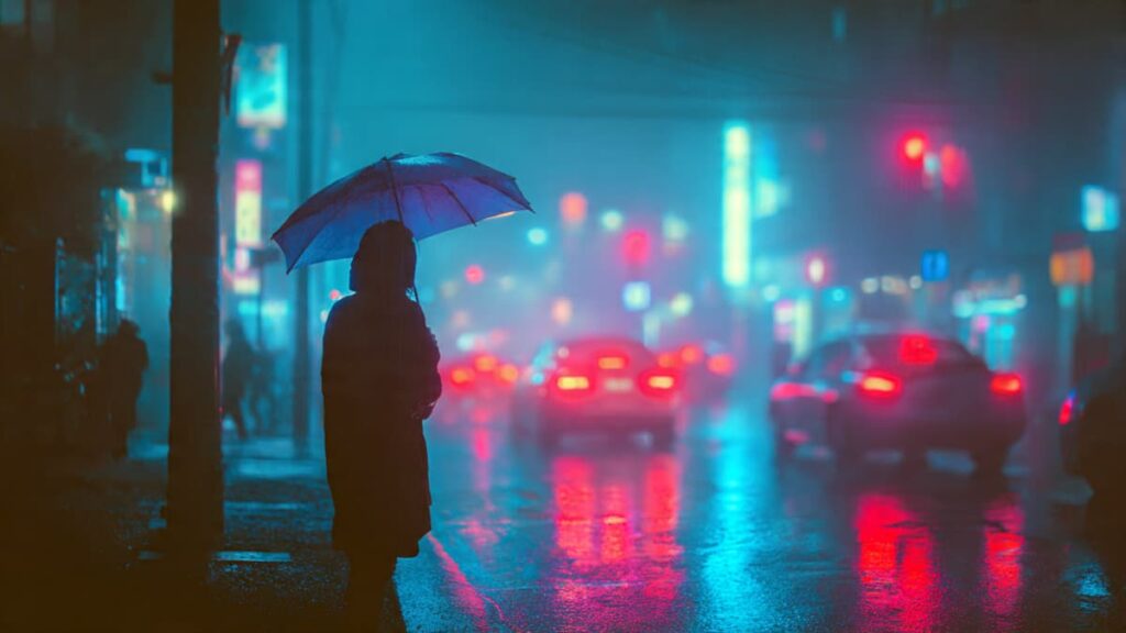 Lone person with umbrella in rainy cyberpunk city at night with neon lights showing urban loneliness and emotional atmosphere