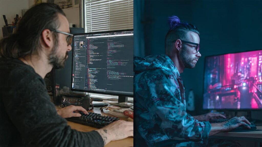 Man working bored in office vs same person playing cyberpunk game on large screen at home showing difference between real life and gaming experience