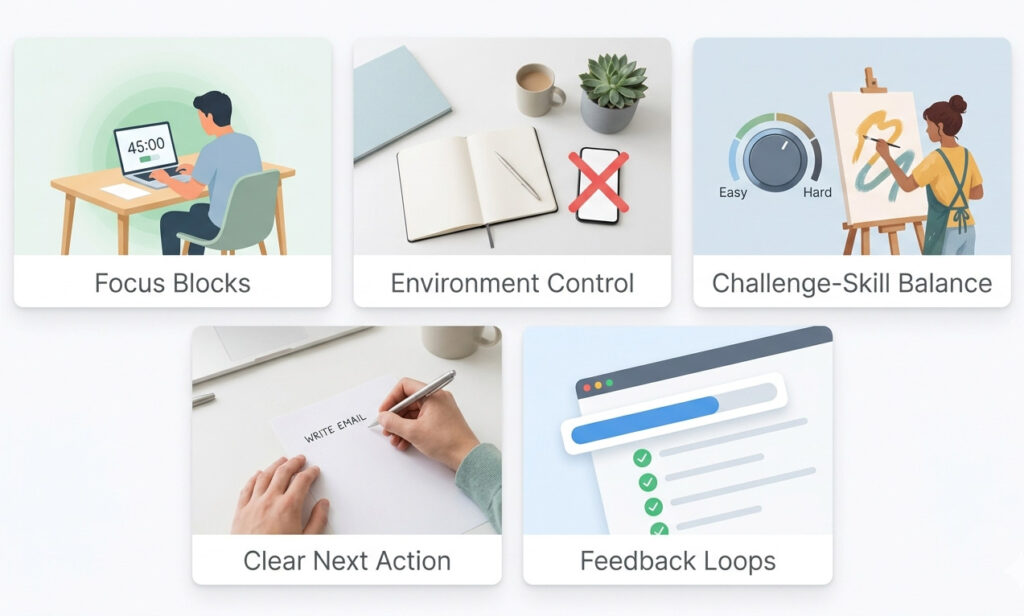 Collage showing ways to improve engagement including focus blocks environment control challenge skill balance clear next action and feedback loops