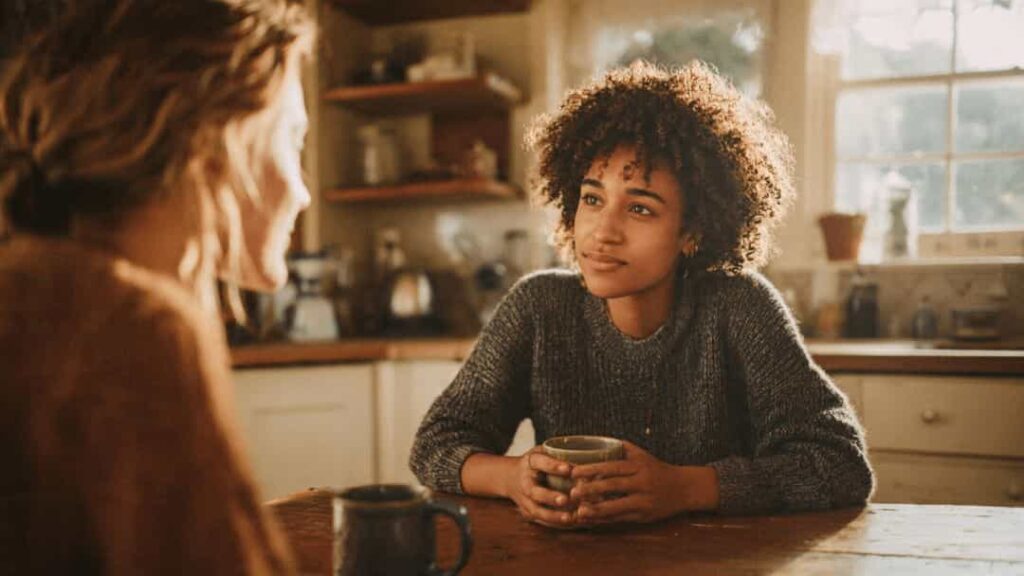 Two friends having a calm, honest conversation at a kitchen table