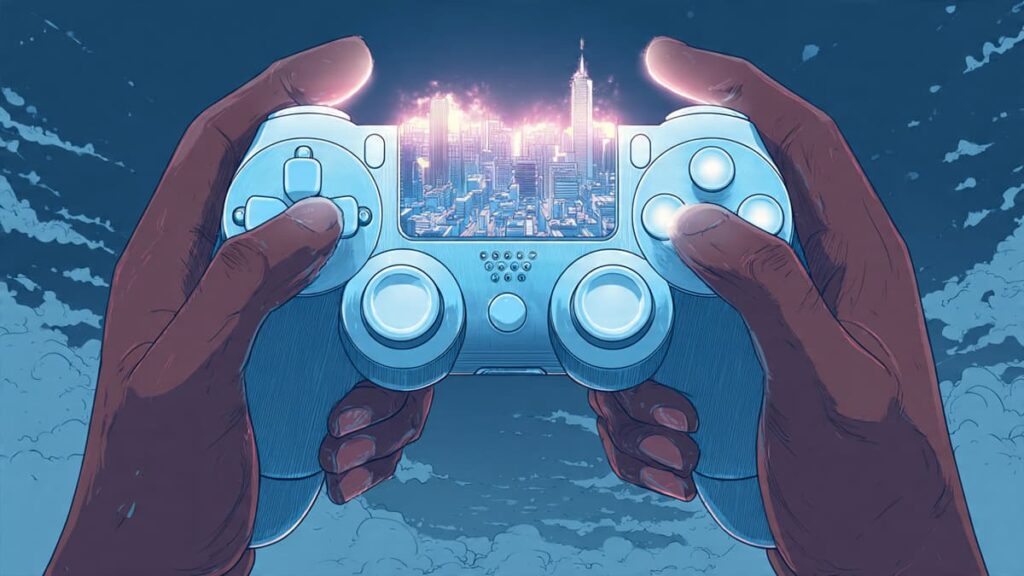 Hands holding a glowing game controller with a tiny cyberpunk city inside representing player control and virtual world immersion