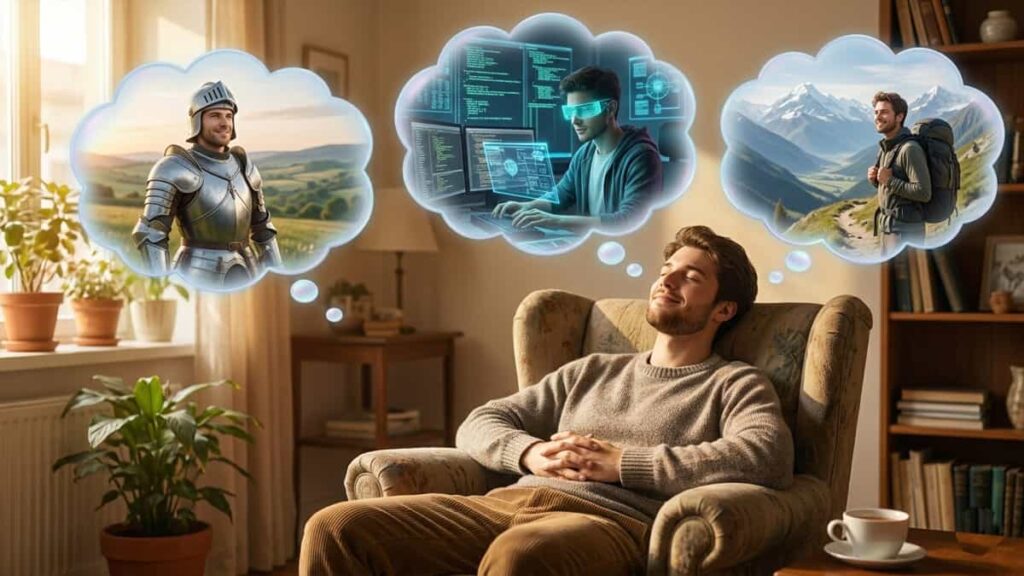 A calm person sits in a cozy chair with eyes closed. Above their head float three soft thought bubbles showing a brave knight, a futuristic hacker, and a traveler on a mountain path. Represents how RPG games let players explore alternate versions of themselves.