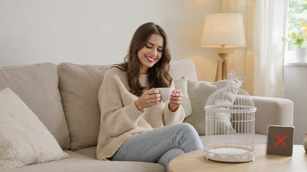 A happy woman relaxing at home with tea, representing the Innocent archetype's desire for safety.