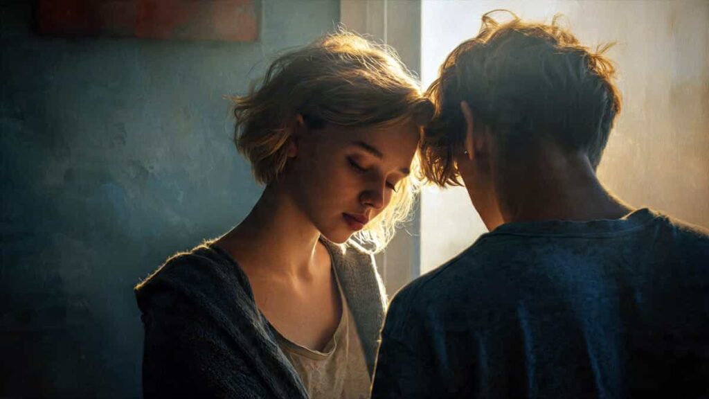 One partner showing care and loyalty while the other appears distant, representing naive love in relationships