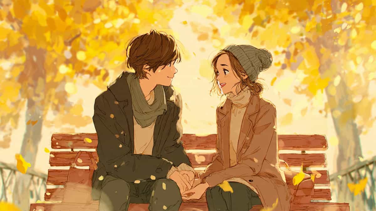 A young couple sitting on a park bench in autumn, holding hands and looking at each other with warm smiles, representing the Lover archetype's pursuit of deep emotional connection