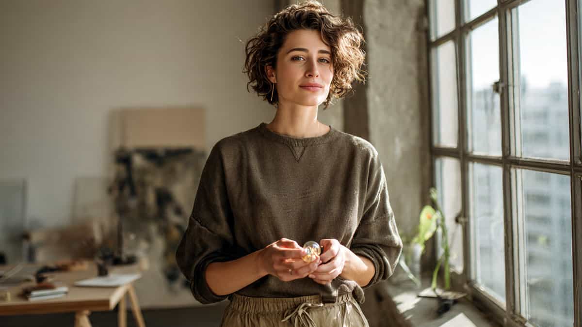 A thoughtful woman standing in front of a large window with morning light, holding a small glowing light bulb, representing the Magician archetype's ability to turn ideas into reality