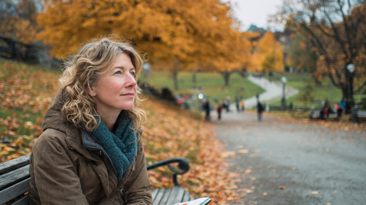 Woman reflecting on a park bench in autumn, meaning and purpose psychology