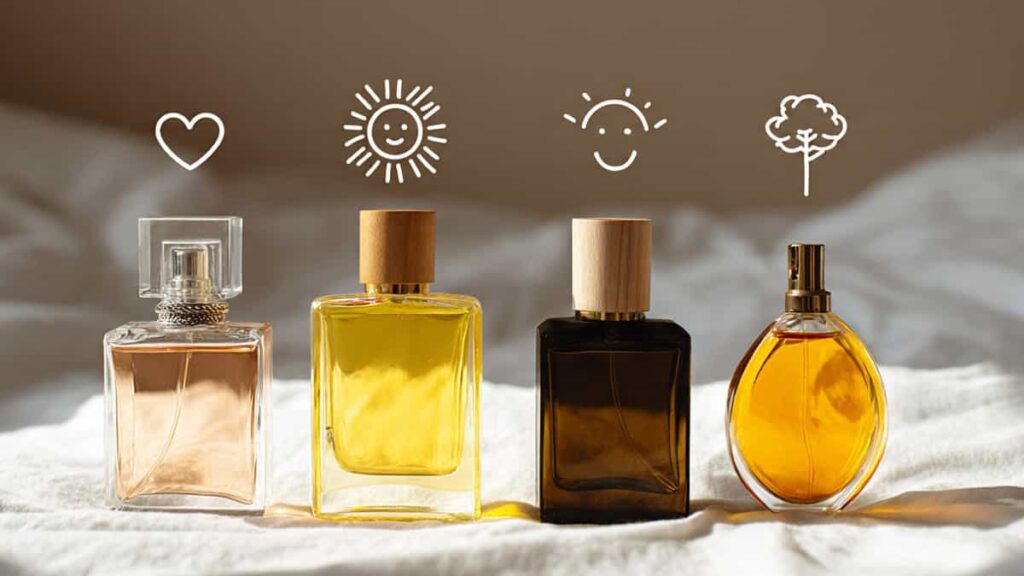 Four perfume bottles with icons representing warmth, energy, stability, and friendliness as silent personality signals