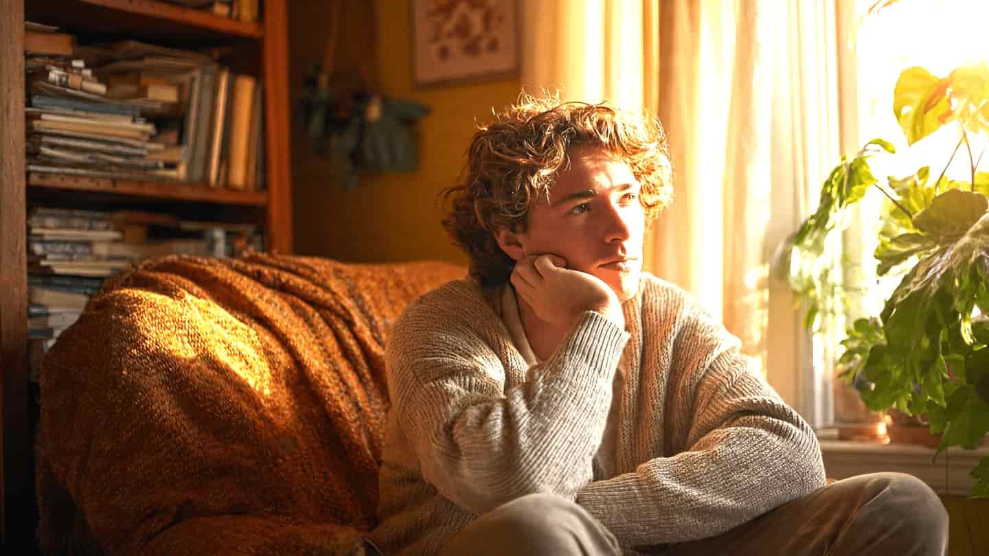Young man sitting thoughtfully in an armchair at home, reflecting on psychological defense mechanisms like projection