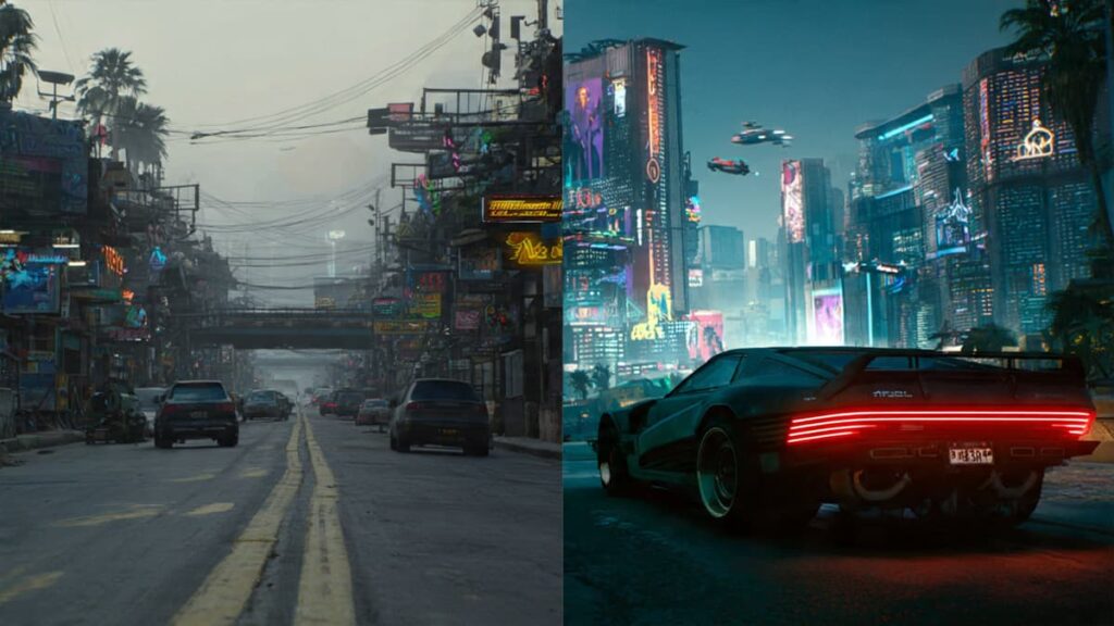 Comparison between dull real life road and vibrant cyberpunk city with neon lights showing difference in stimulation and engagement