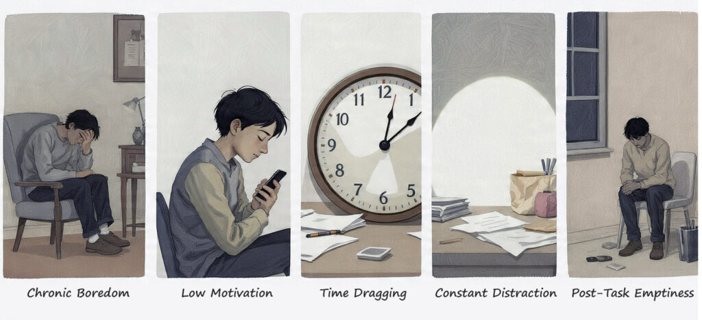 Single row illustration showing signs of low engagement including boredom low motivation distraction and burnout feelings
