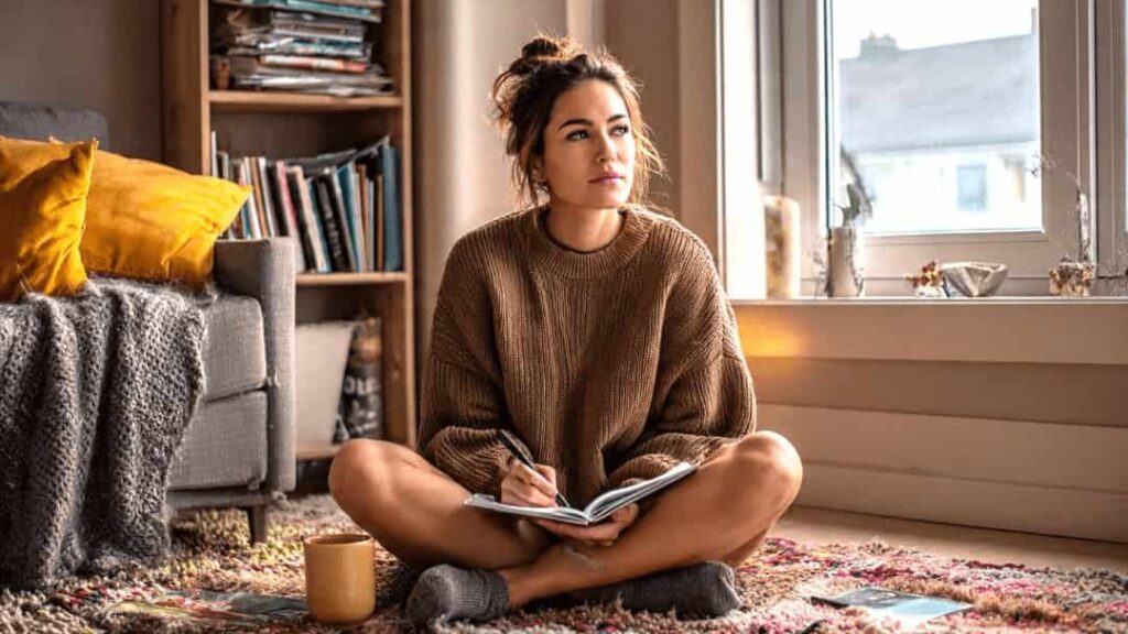 Young woman sitting on a rug with a notebook and pen, practicing self-reflection journaling to stop projection