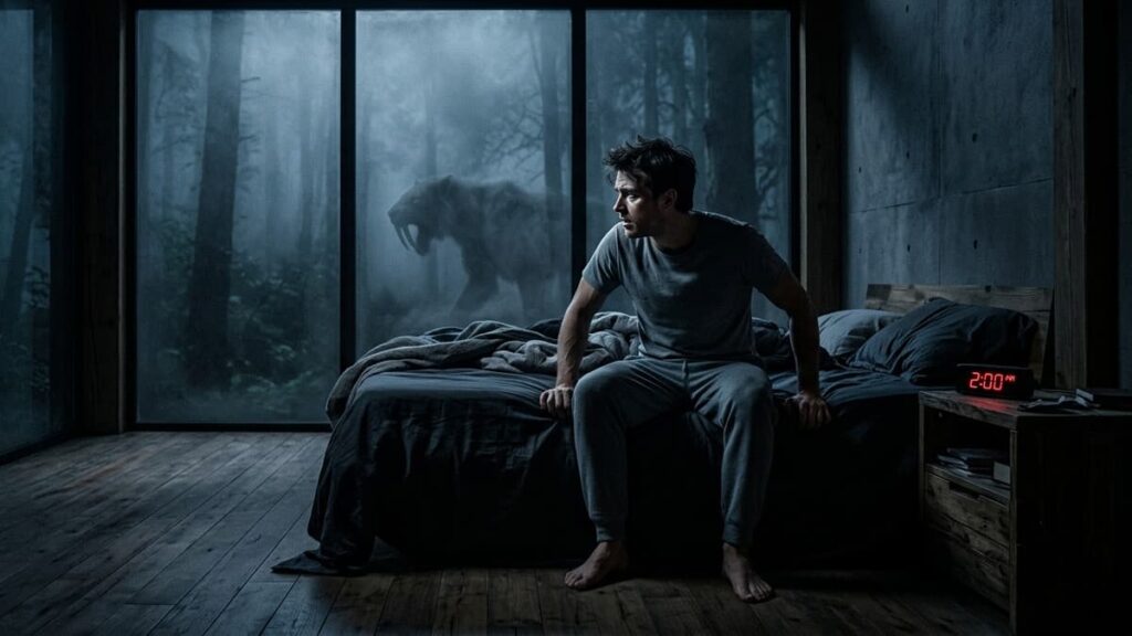 A man sits frozen on the edge of his bed in a dark cabin at 2 AM, staring anxiously through a foggy window at a dense moonlit forest, where the translucent ghostly silhouette of a saber-toothed predator emerges from the mist—visually representing the ancestral survival instinct that makes silence feel threatening after dark.