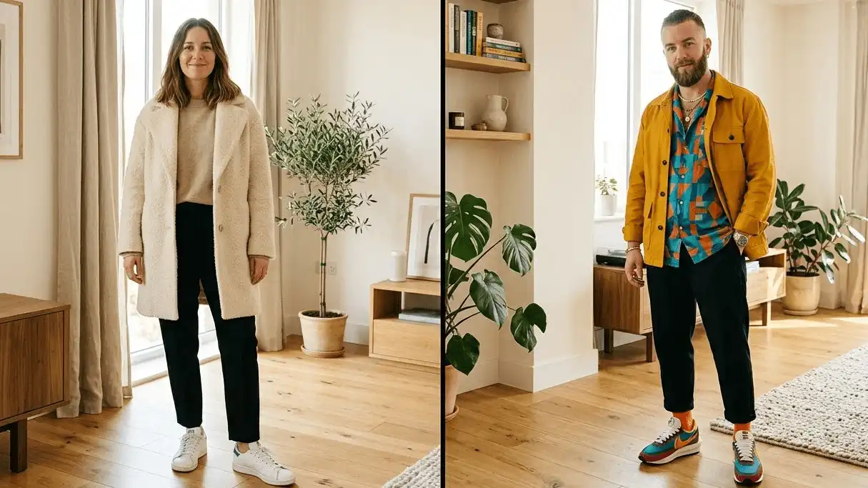 Two people side by side — one in minimalist neutral clothing, one in bold colorful patterns — each standing confidently, representing different emotional armor.