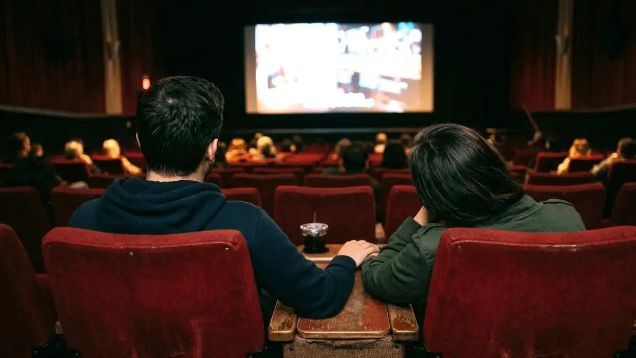 Two people sitting in movie theater seats, arms resting on the shared armrest side by side, neutral expressions, no visible tension.
