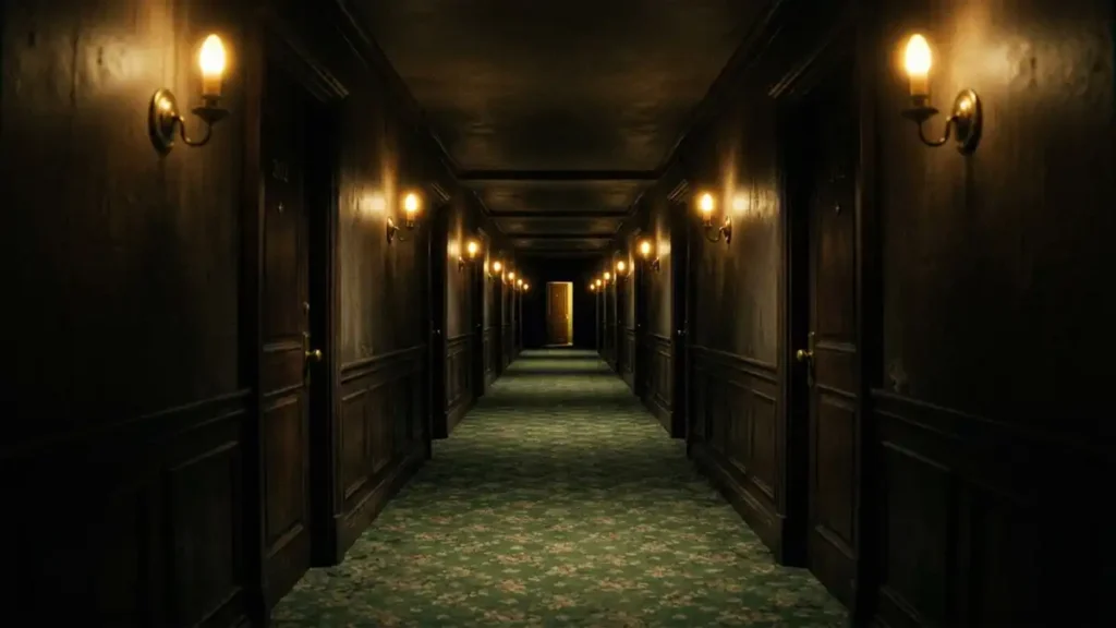 Endless green hotel hallway with repetitive doors, dreamlike atmosphere