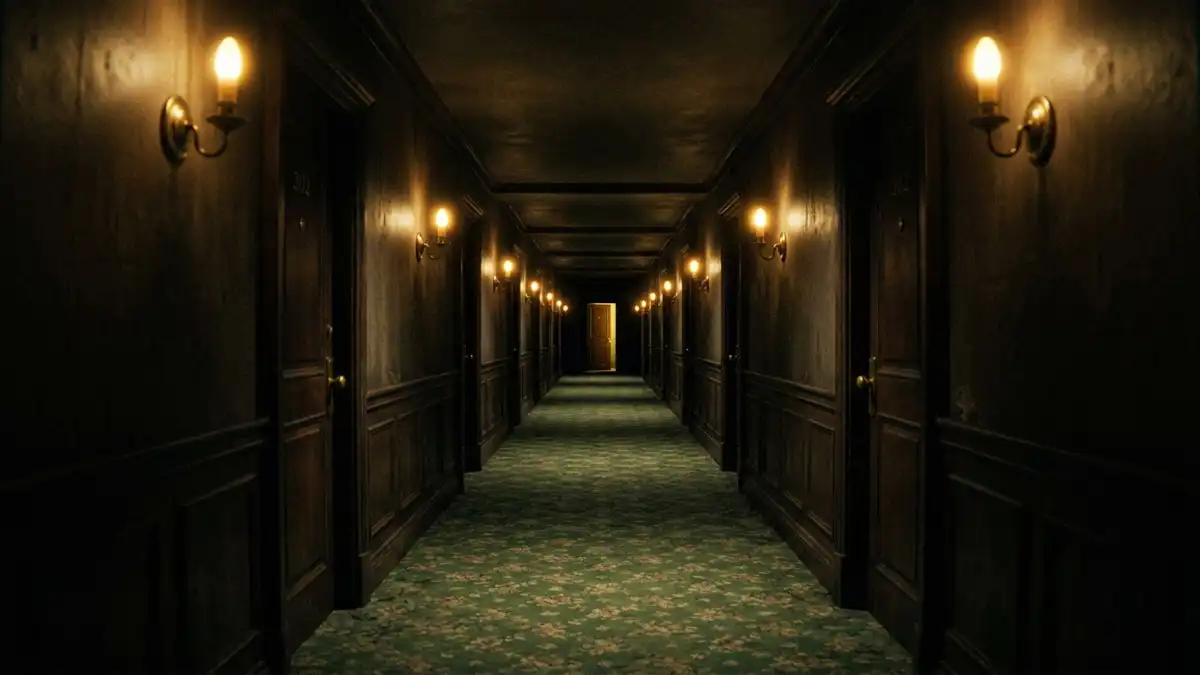Endless green hotel hallway with repetitive doors, dreamlike atmosphere
