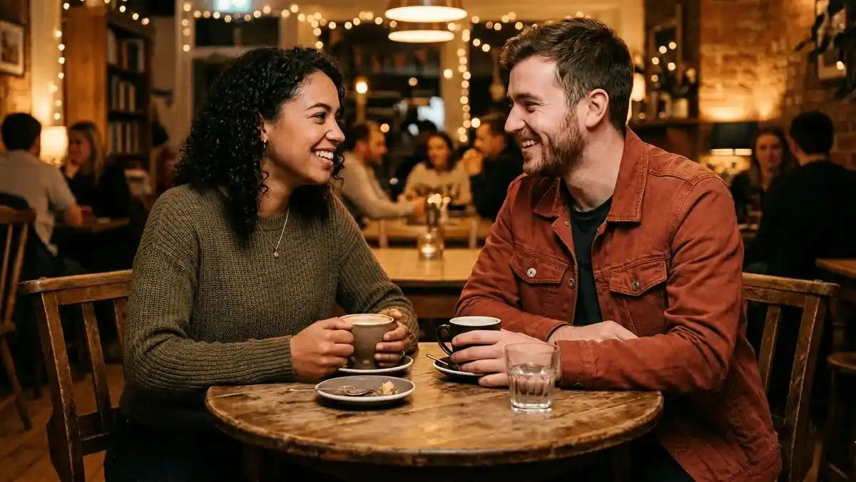 Two people sitting across from each other at a small table, leaning in with similar postures, smiling and engaged in conversation.