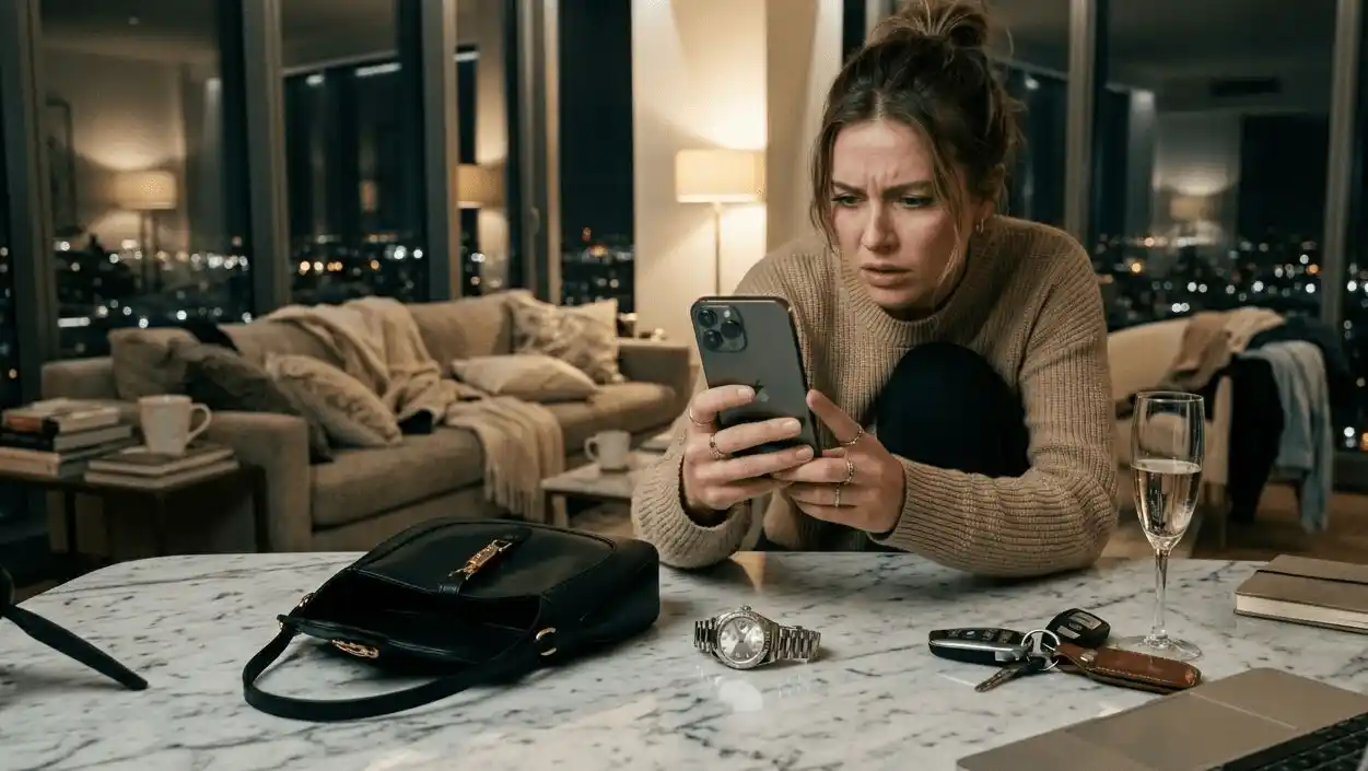 A smartphone showing a social media feed with multiple luxury posts (watch, car, vacation), another person scrolling and looking skeptical.
