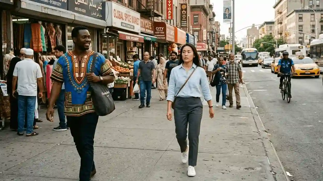 Two people in different cultural attire — one traditional, one modern — standing side by side in a global city street.