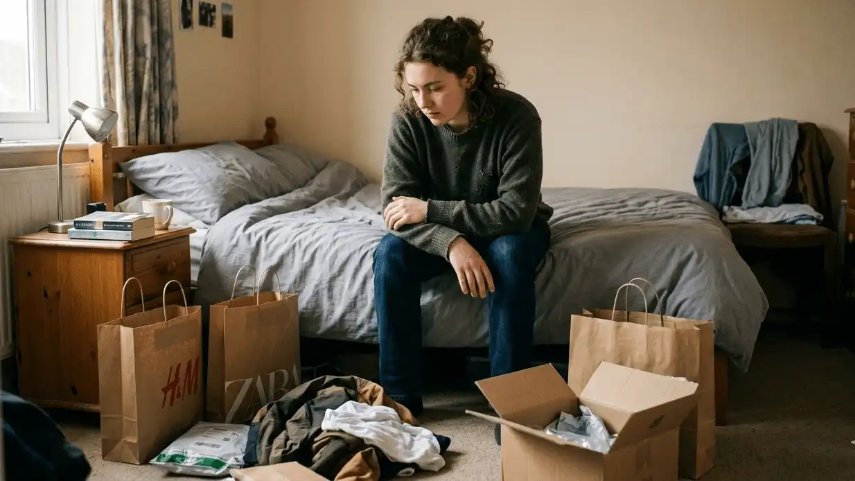 A person surrounded by online shopping bags and packages on a bed, looking overwhelmed rather than happy, representing emotional shopping consequences