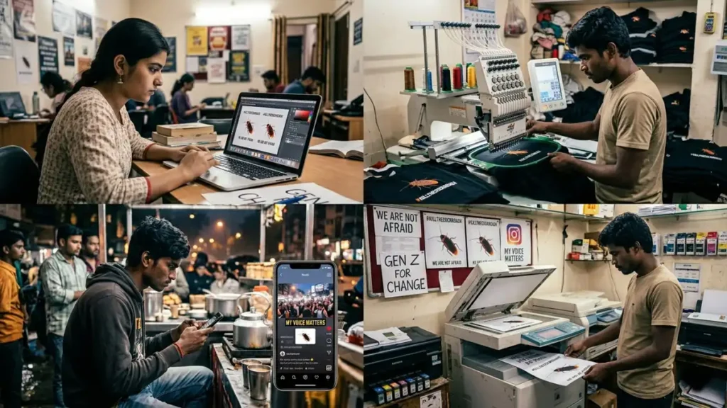 A four-panel grid showing decentralized creators designing cockroach graphics on laptops, printing stickers on commercial copiers, manufacturing embroidered t-shirts, and viewing Reels at a local tea stall.