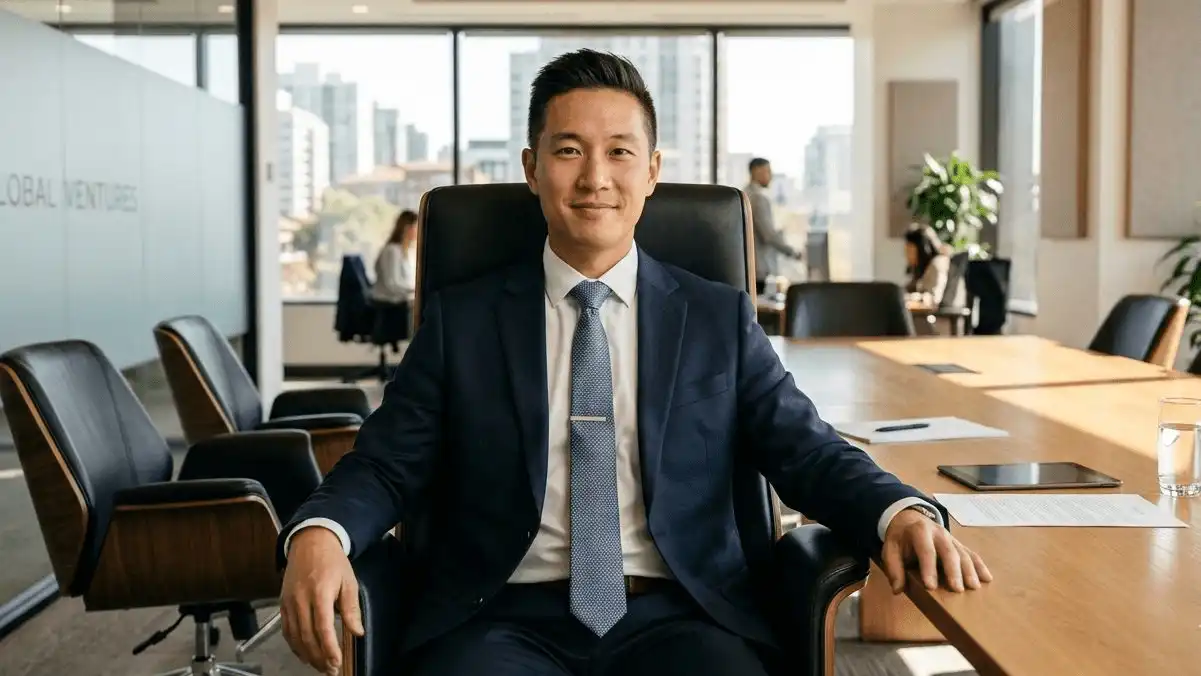 A professional sitting upright in an office chair with shoulders back, arms relaxed, and engaged eye contact, signaling confidence