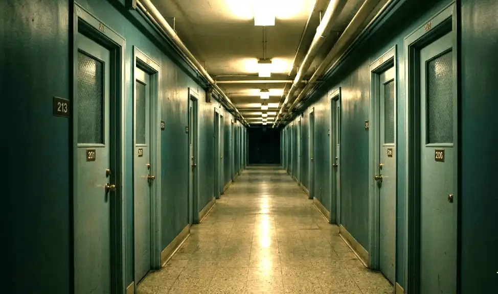 Long, dimly lit empty hallway that triggers unease through isolation, silence, and uncertain depth perception.