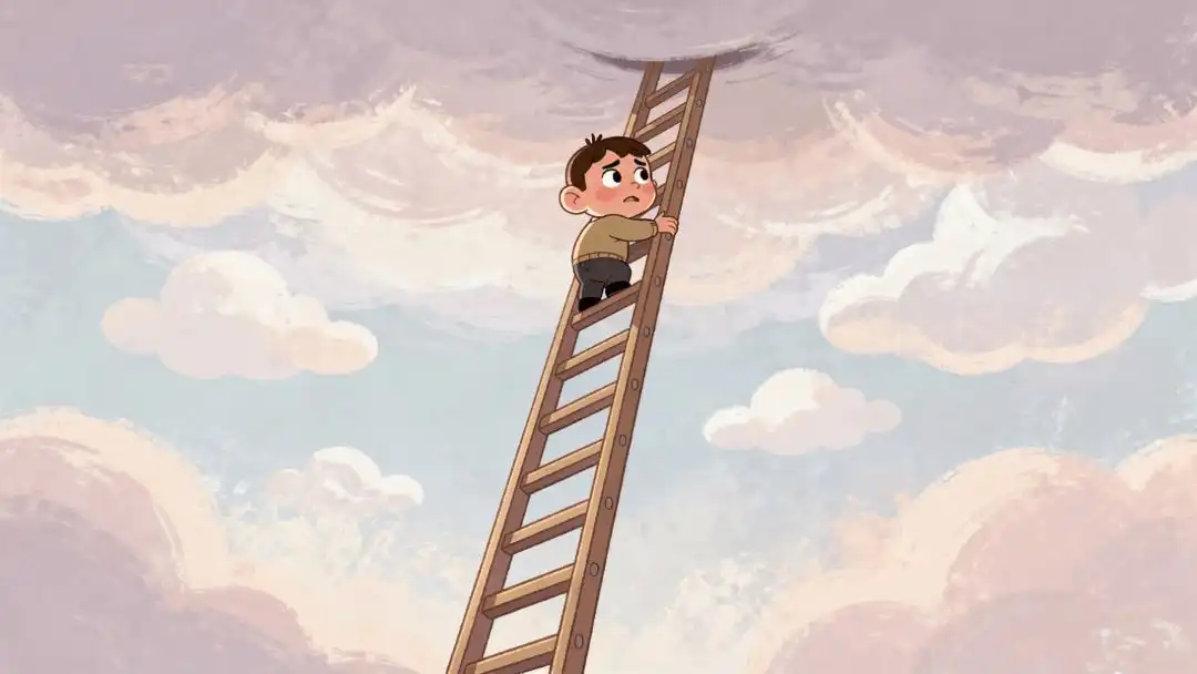Person feeling nervous while climbing a ladder, showing fear of height and balance