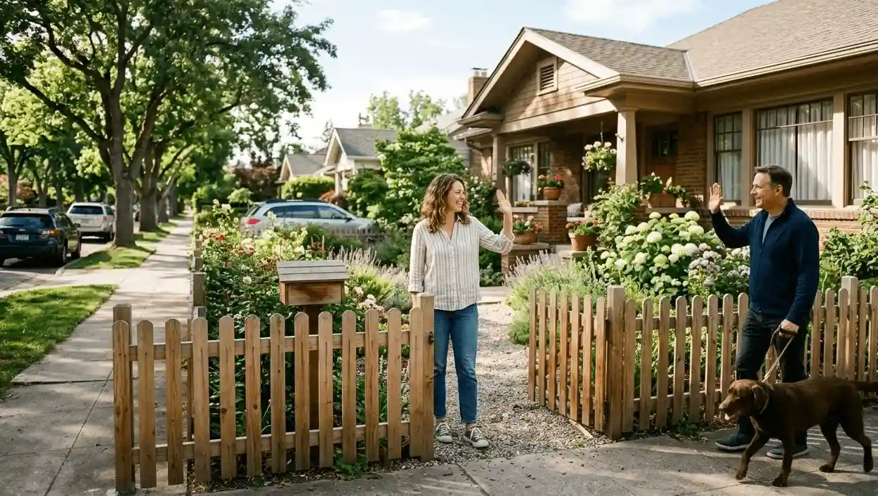 A low wooden fence with a gate, a person standing in the front yard waving to a passing neighbor, warm afternoon light.