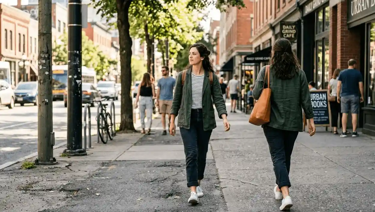 A person walking confidently down a city sidewalk, long smooth stride, relaxed arm swing, looking ahead, other pedestrians in the background.