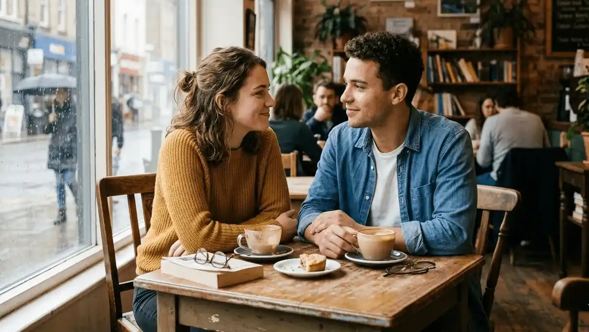 Two people sitting close together, making soft eye contact with genuine smiles, warm lighting, representing comfortable romantic gaze. Image Title: Gaze Architecture – The Fine Line Between Threat and Intimacy in Eye Contact Caption: Soft, mutual, broken by comfort breaks. The right gaze invites connection. The wrong gaze triggers threat.