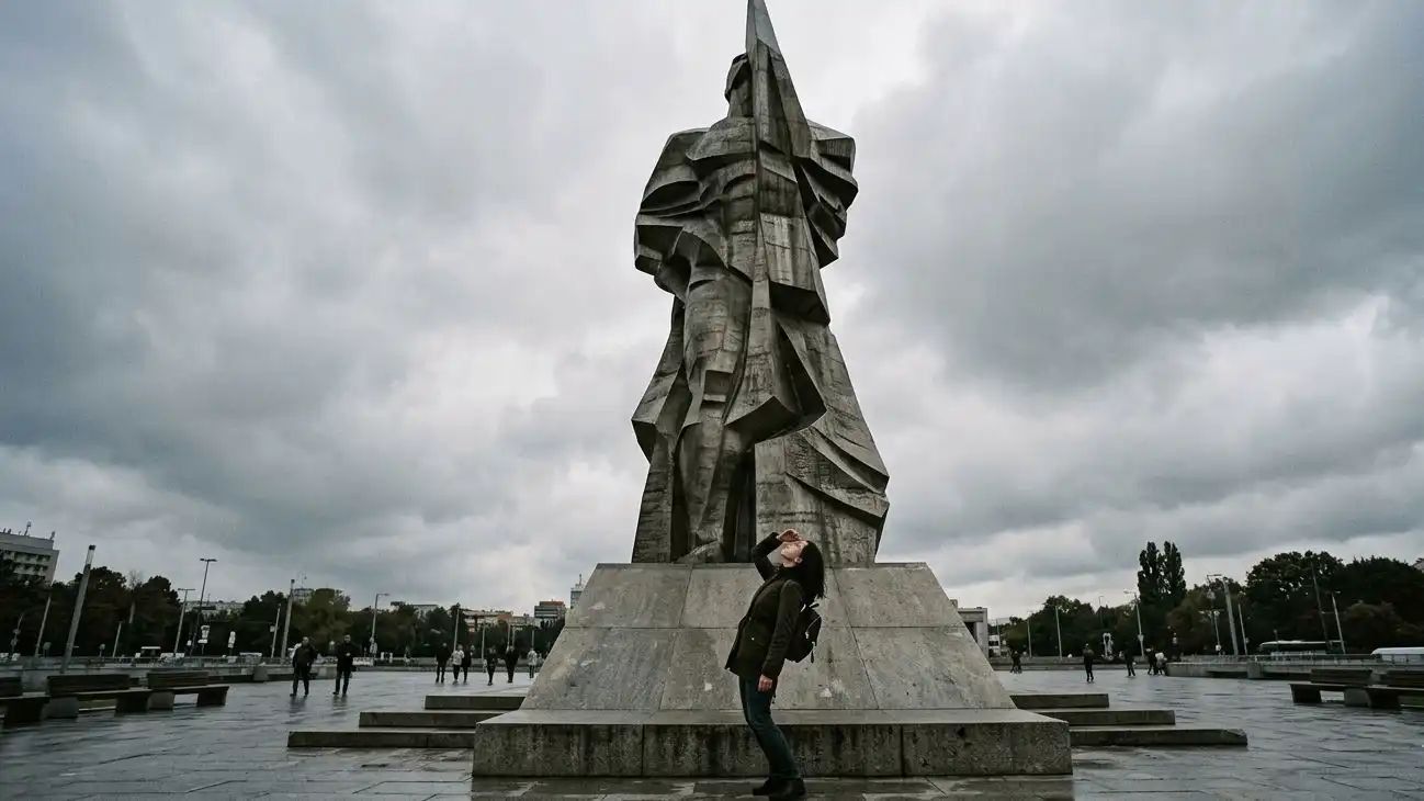 Person dwarfed by a massive statue, looking up in awe and unease, illustrating the psychological reaction to giant objects.