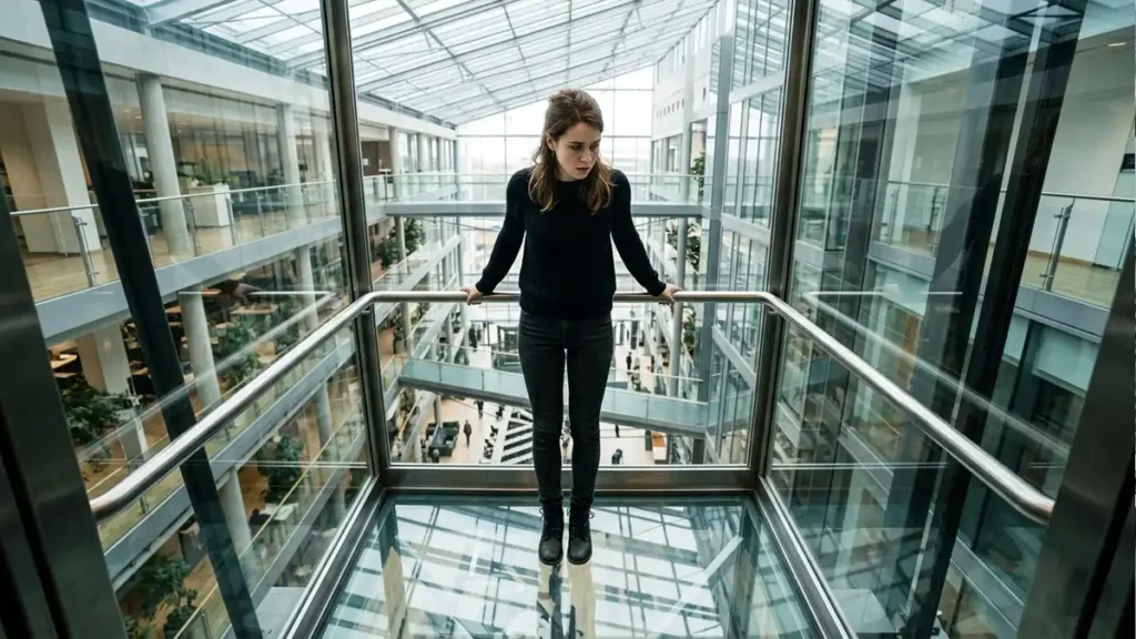 Person reacting nervously while looking down through a transparent glass elevator floor at a tall height