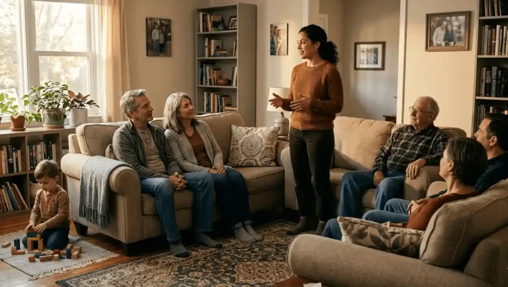 A multi‑generational family sitting together in a living room, one younger adult speaking calmly while elders listen, warm and respectful atmosphere.