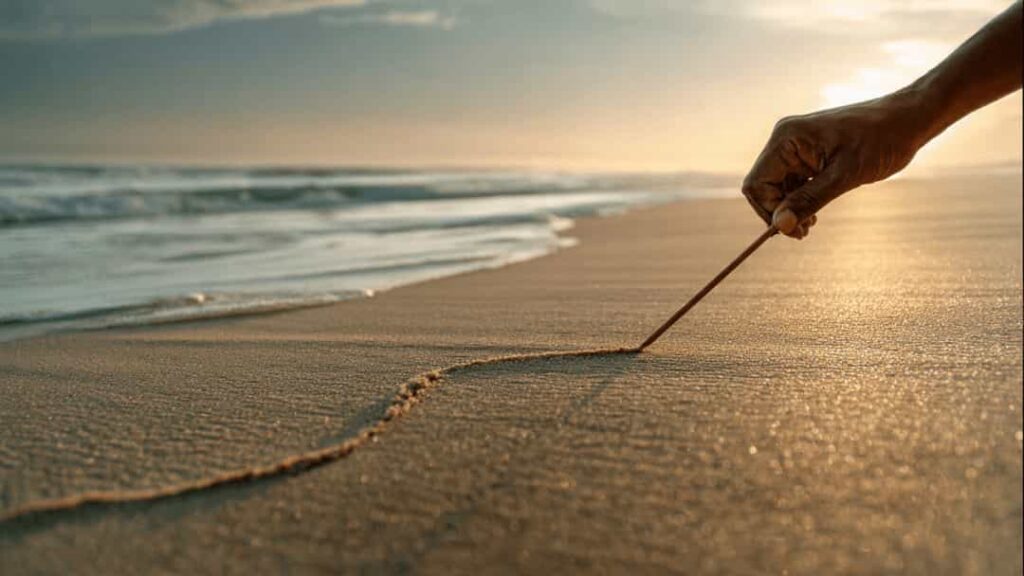 Person gently drawing a line in the sand at the beach to symbolize setting a boundary
