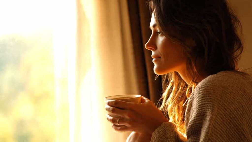 Person sitting alone with tea, taking a calm break before responding in a relationship conflict