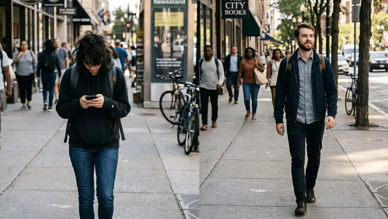Two pedestrians on a sidewalk — one walking with head down looking at phone, shoulders curved; another walking with head up, relaxed shoulders, scanning ahead.