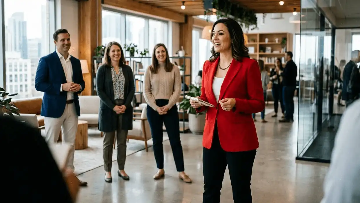 A person wearing a red blazer or red tie standing confidently in a modern office, drawing attention from others in neutral clothing.