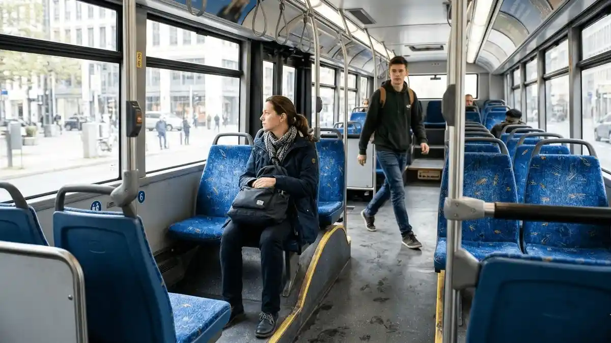 Nearly empty bus interior, a passenger sitting in a window seat with an empty buffer seat next to them, another passenger standing in the aisle.