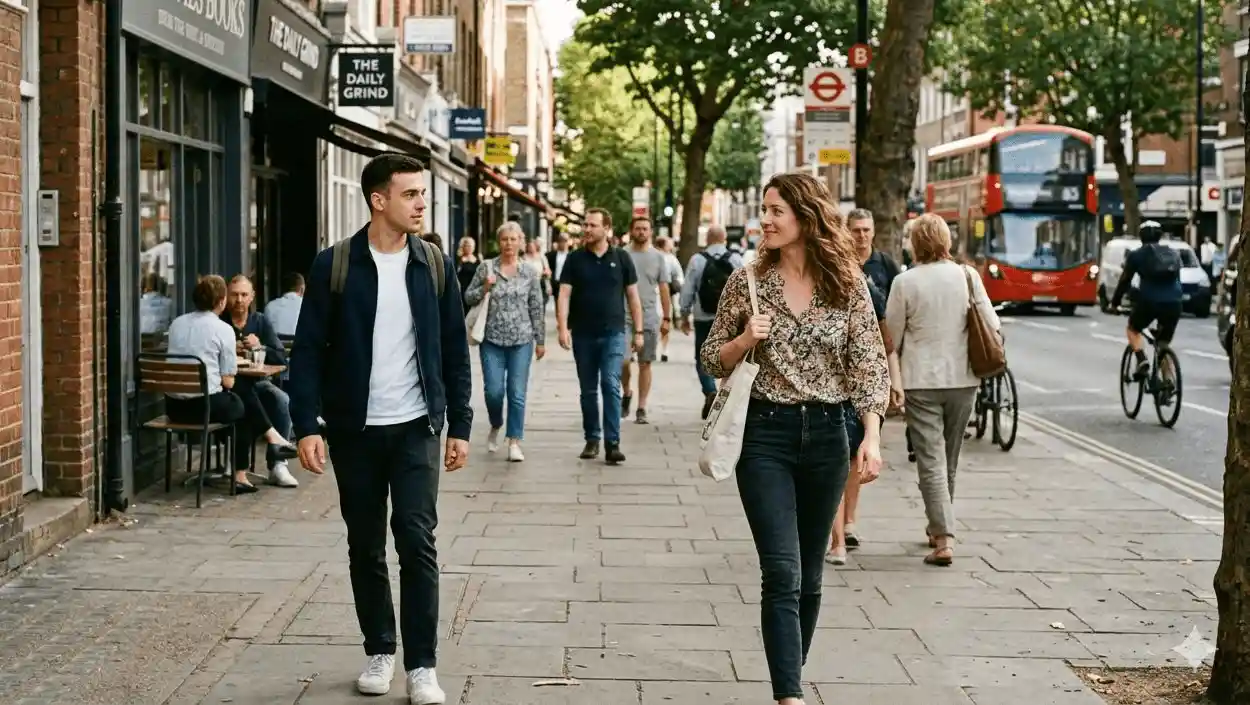 Two pedestrians approaching each other on a city sidewalk, one slightly dipping a shoulder, both making brief eye contact, preparing to pass smoothly.