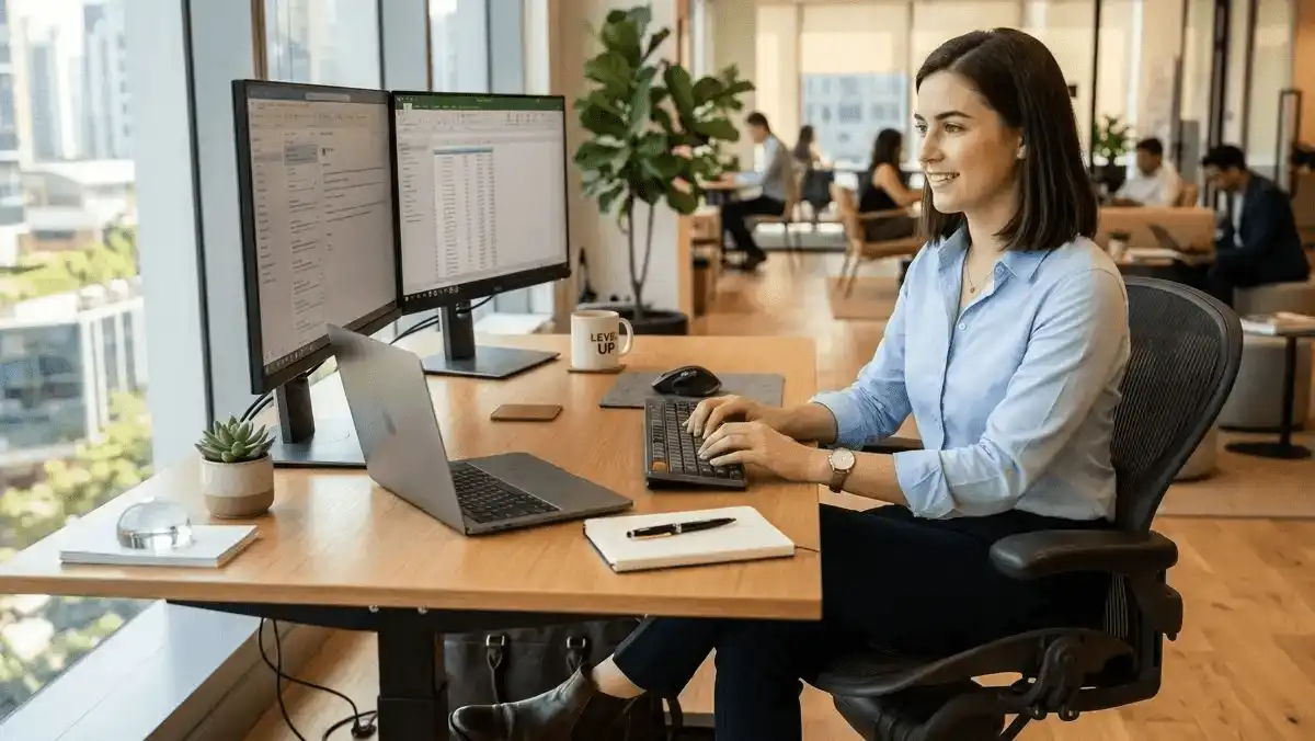 : A person neatly groomed, sitting at a desk in a bright office, looking organized and focused, with clean nails and polished shoes visible.