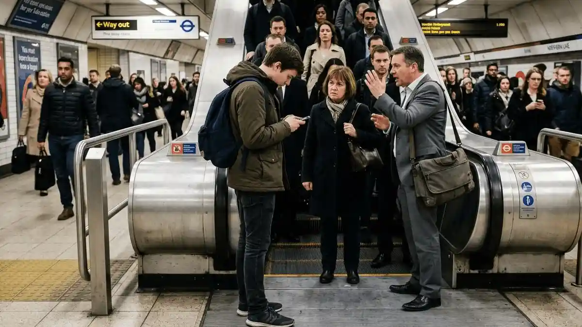 A busy transit station, one person frozen at the top of an escalator looking at a phone, causing a backup of annoyed commuters behind them.