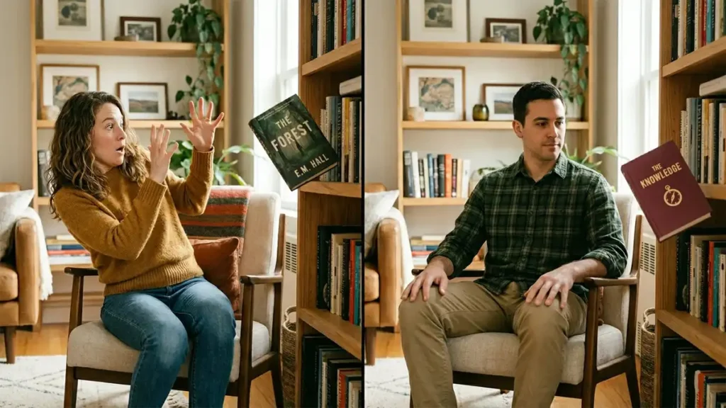 Split-scene of two people reacting differently to the same sudden movement, illustrating biological variation in the startle reflex.