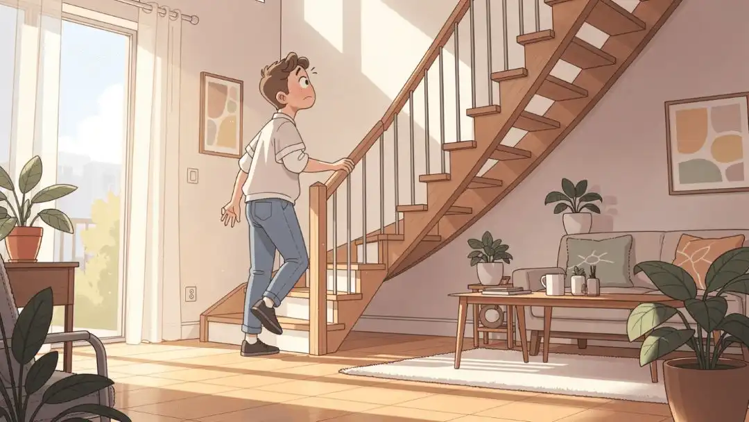 Person feeling hesitant to climb steep stairs at home due to anxiety