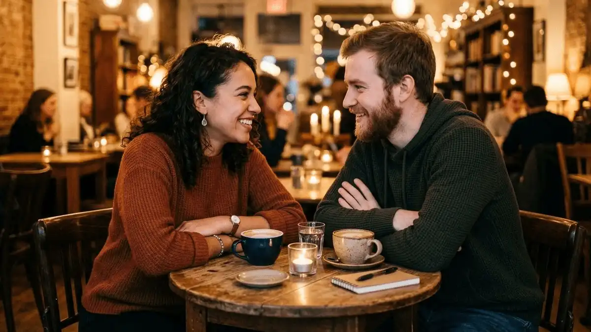 Two people sitting across from each other at a small table, leaning in with similar postures, smiling and engaged in conversation.