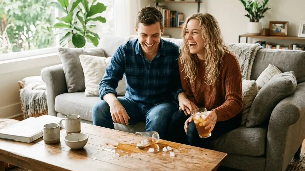 Two people sitting on a couch, one laughing slightly after spilling a drink, the other smiling warmly — representing a small, endearing mistake.