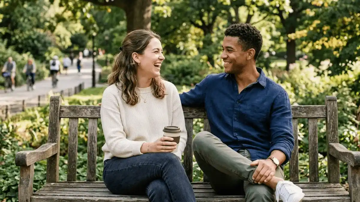 Two people sitting on a park bench, leaning toward each other, one laughing slightly, the other smiling warmly — natural and unguarded.