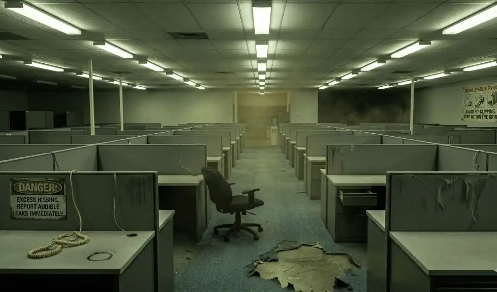 Person viewing backrooms image on a computer screen, illustrating the creepy psychological response to liminal, empty spaces.