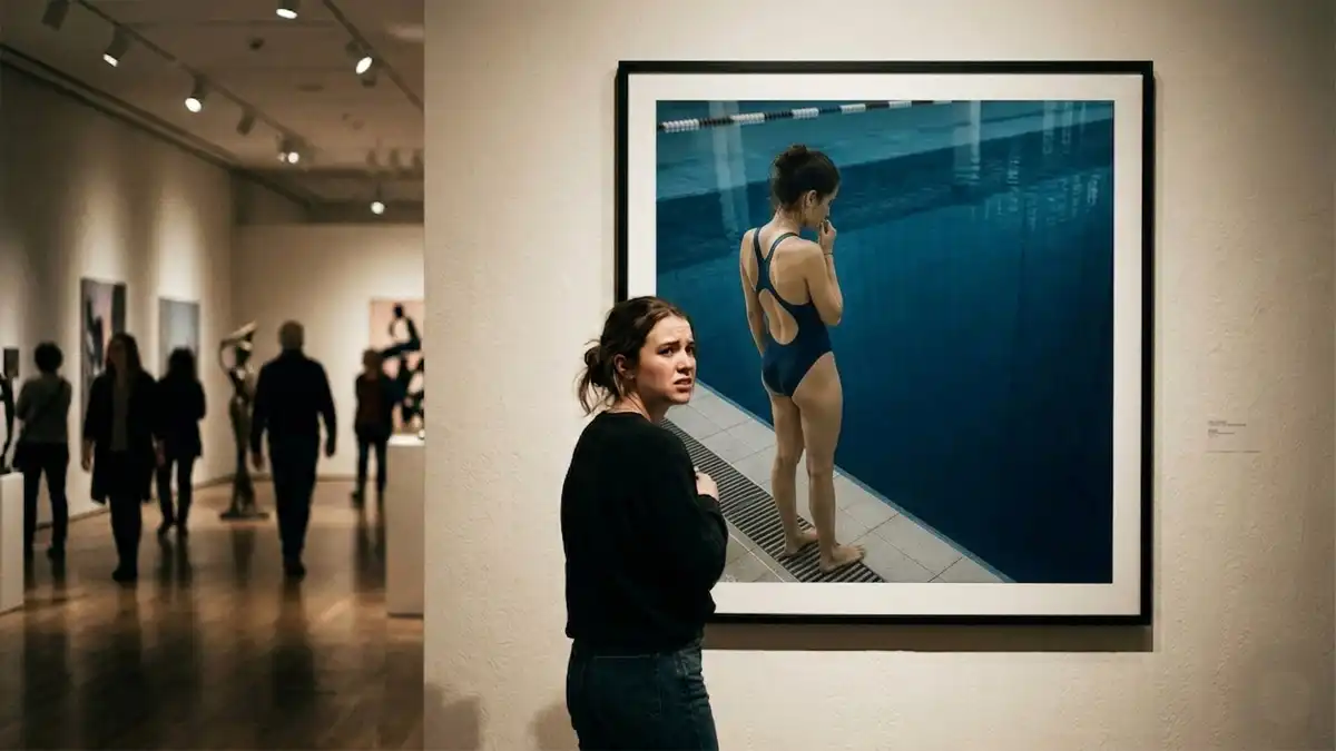 Woman feeling anxious while looking at a deep swimming pool photo in an art gallery